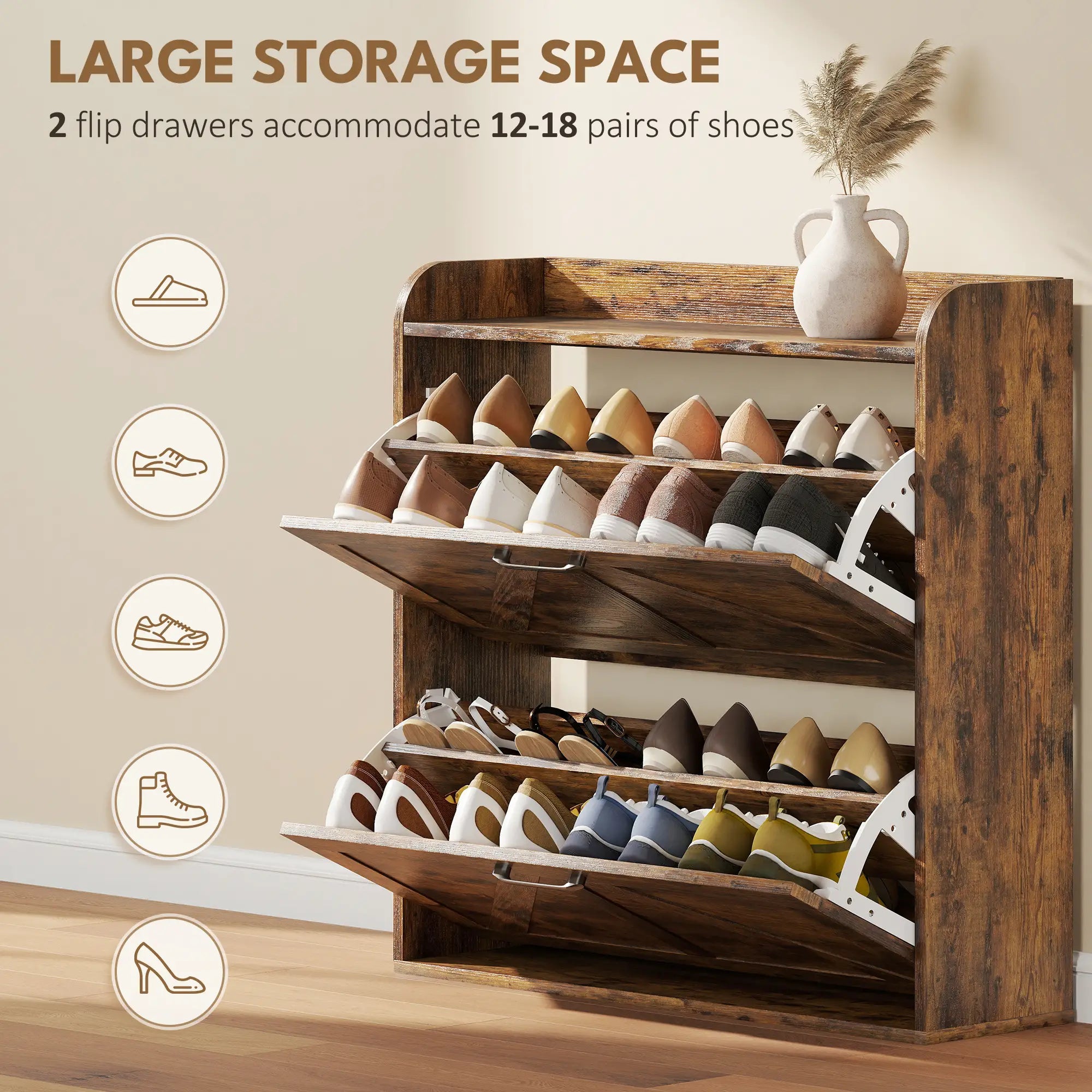 Narrow Shoe Storage Cabinet, Farmhouse Slim Shoe Cabinet with 2 Flip Drawers, Adjustable Shelves, Rustic Brown Shoe Storage Cabinets & Racks at Gallery Canada