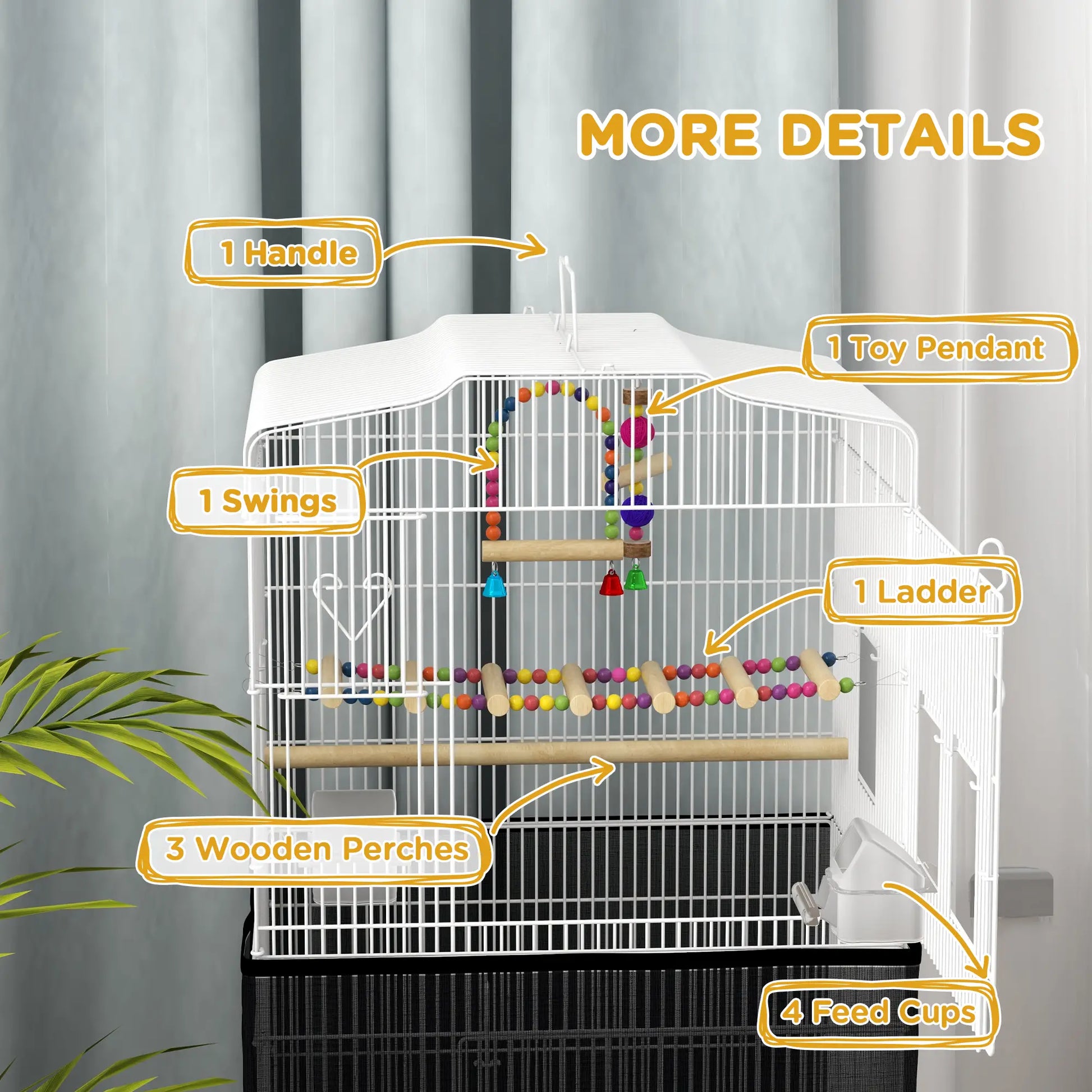 36" Bird Cage with Accessories, Handle, Mesh Cover, Tray, White Bird Cages at Gallery Canada