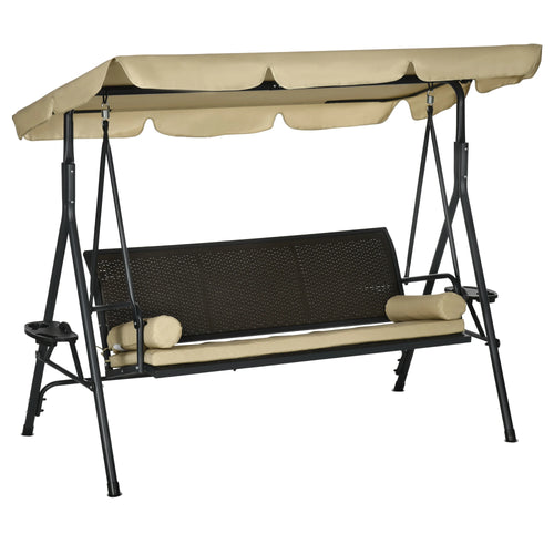 3-Seat Porch Swing with Canopy, Rattan Seat, Removable Cushion