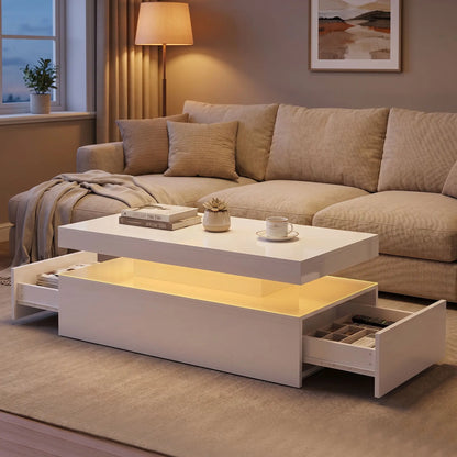 LED Coffee Table With Storage, 2-Tier, White Coffee Tables at Gallery Canada