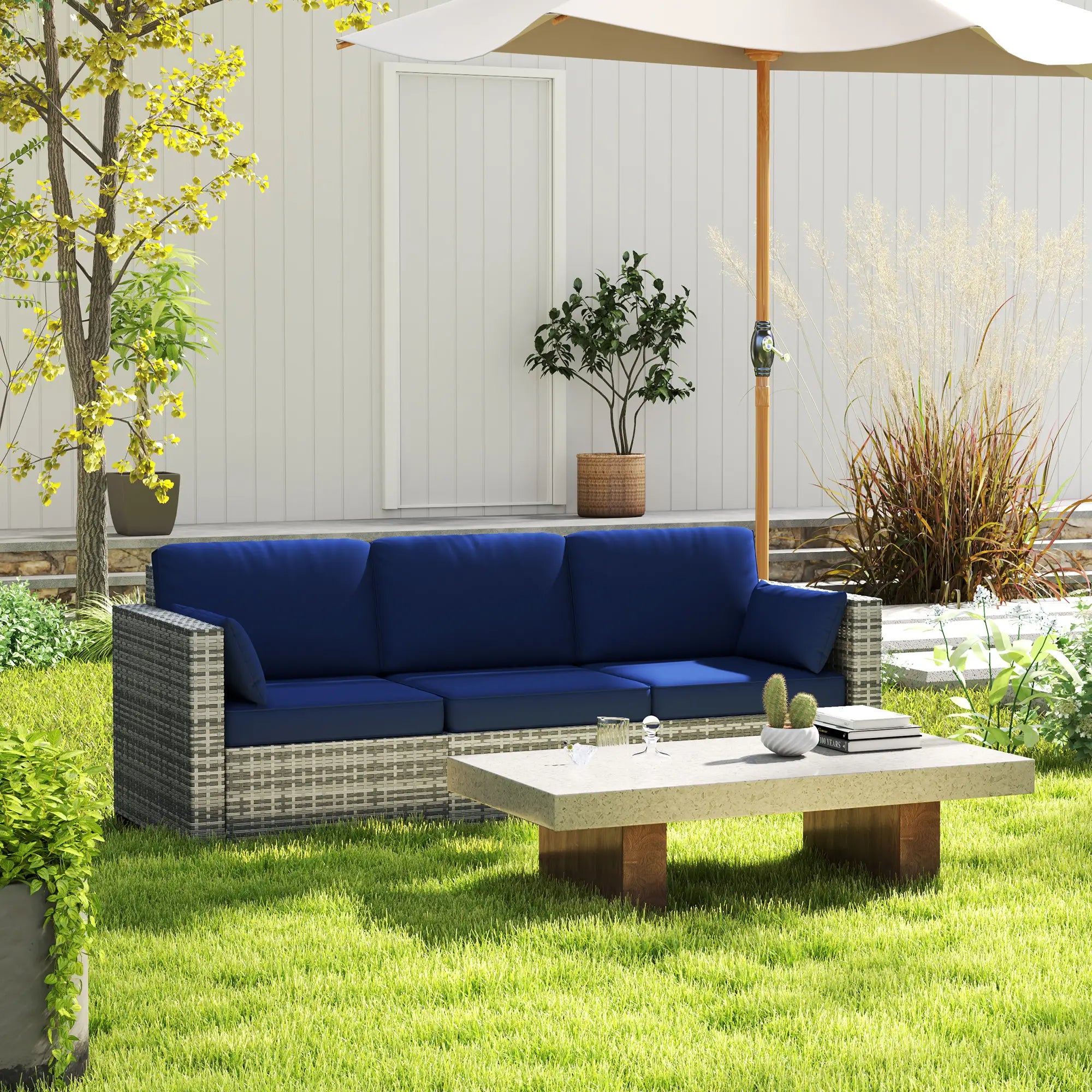 3-Seater Outdoor Sofa with Cushions, PE Rattan, Dark Blue Patio Furniture Sets at Gallery Canada