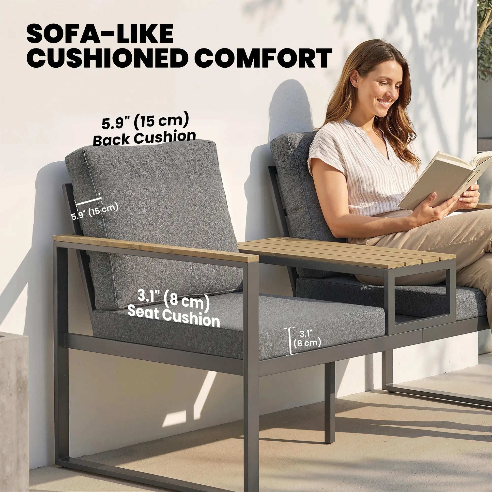 Outdoor Garden Bench With Integrated Table, 2 Seater Patio Loveseat, 136 cm, Grey Outdoor Benches at Gallery Canada