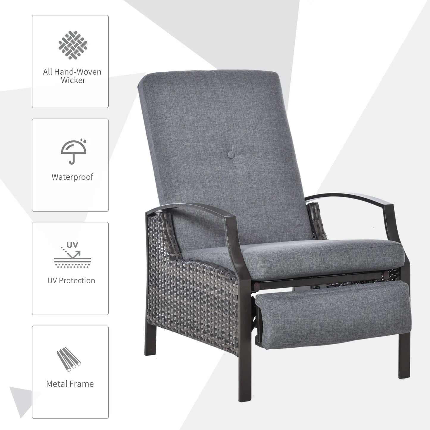 Outdoor Rattan Recliner Chair, Adjustable Back, Retractable Footrest, Grey Chaise Loungers at Gallery Canada