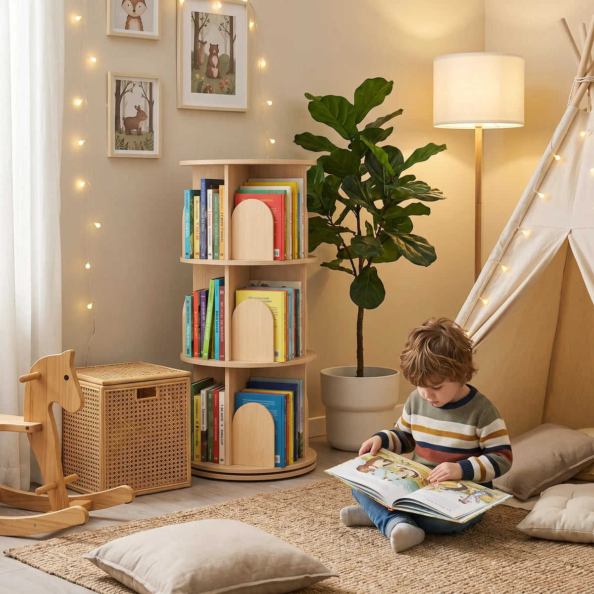 3-Tier Rotating Bookshelf, 360° Revolving Bookcase, Natural Baby & Kids Storage at Gallery Canada
