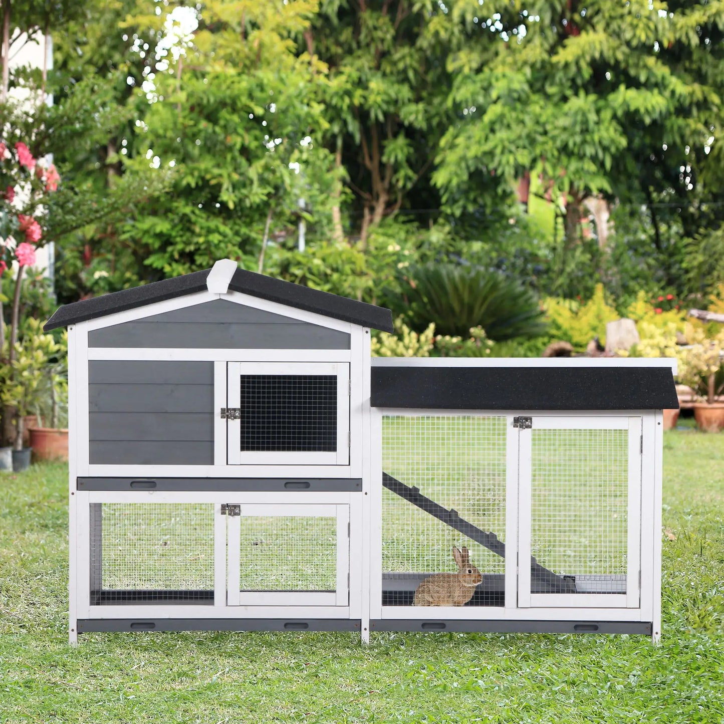 2-Tier Wooden Rabbit Hutch With Ramp, Outdoor Run, Grey Rabbit Hutch at Gallery Canada
