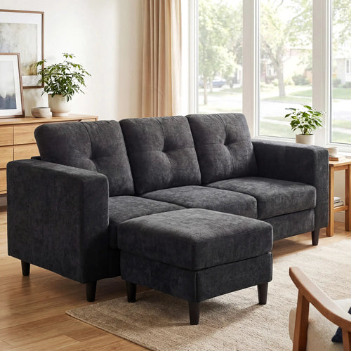L-Shaped Sectional Sofa, Wooden Legs, Changeable Chaise, Black