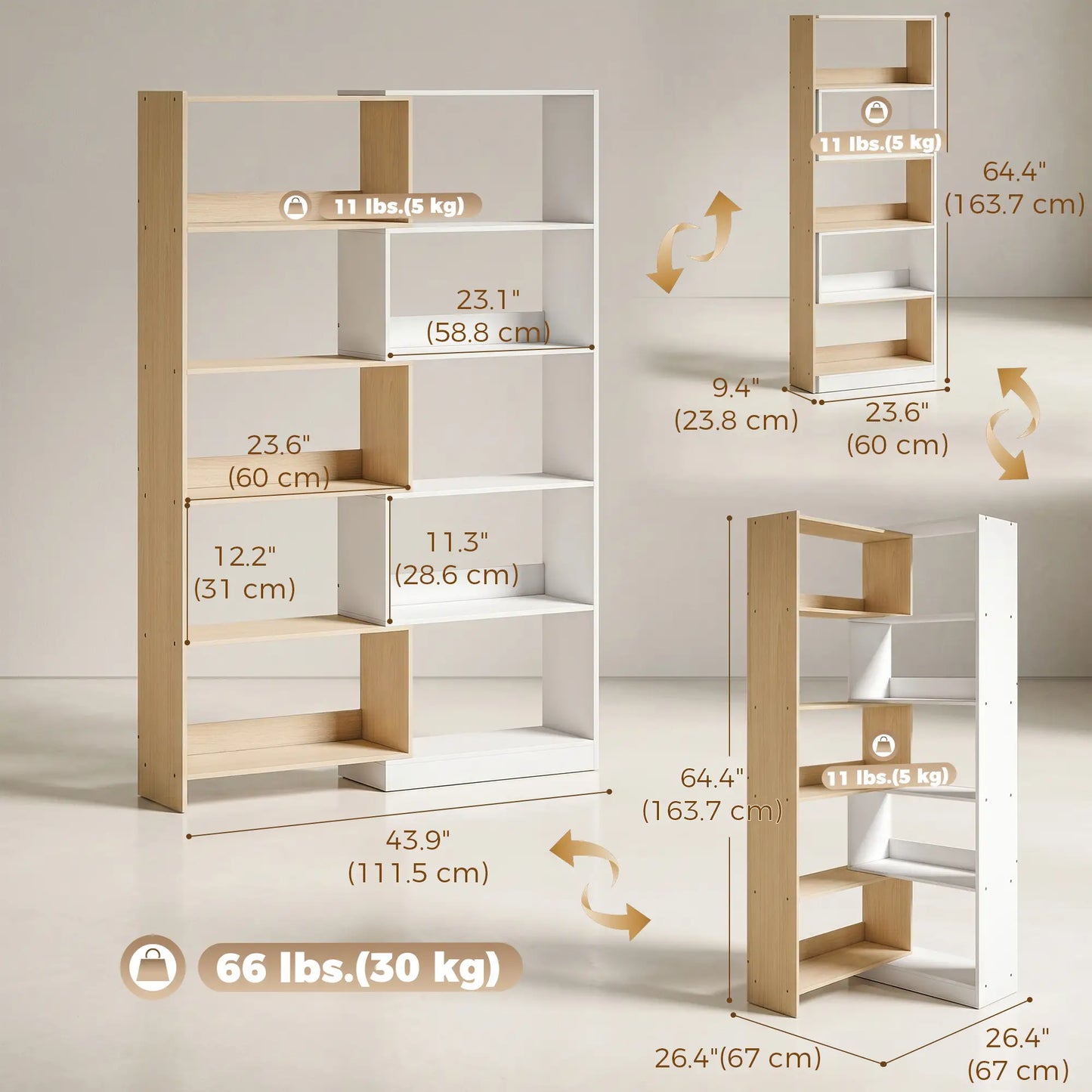 Corner Bookshelf, 5-Tier L-Shaped Bookcase with 350° Rotating Design, Two-Tone Design, Fruitwood/White Display Bookshelves at Gallery Canada