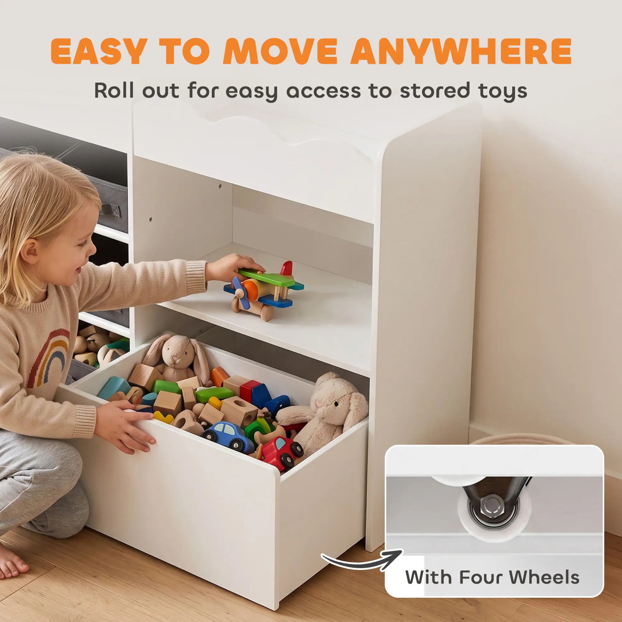 Kids Toy Storage Organizer, Bookshelf with 8 Fabric Bins, 2 Rolling Drawers, White Bookshelves & Bookcases at Gallery Canada