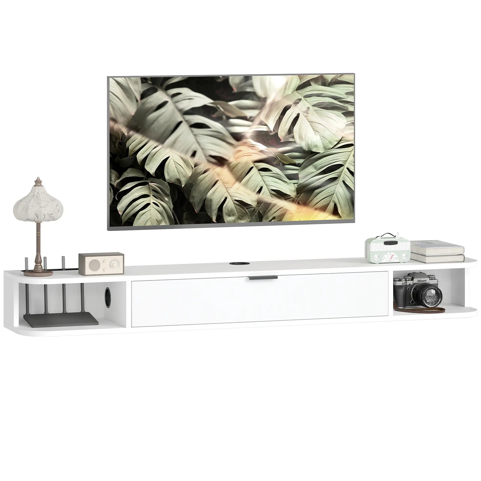 55 Inch Floating TV Stand, Wall Mounted Media Console, Flip Drawer, 2 Shelves, White TV Stands at Gallery Canada