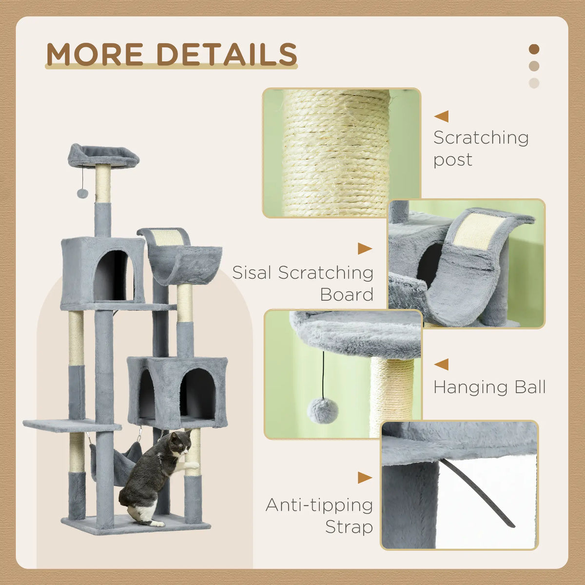 70" Tall Cat Tree, Multi-Level Tower with Hammock, Bed, Condo, Sisal Scratching Posts, Bluish Grey Cat Towers at Gallery Canada