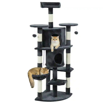62" Cat Tree, Scratching Post, 2 Condos, Hammock, Perches, Dark Grey