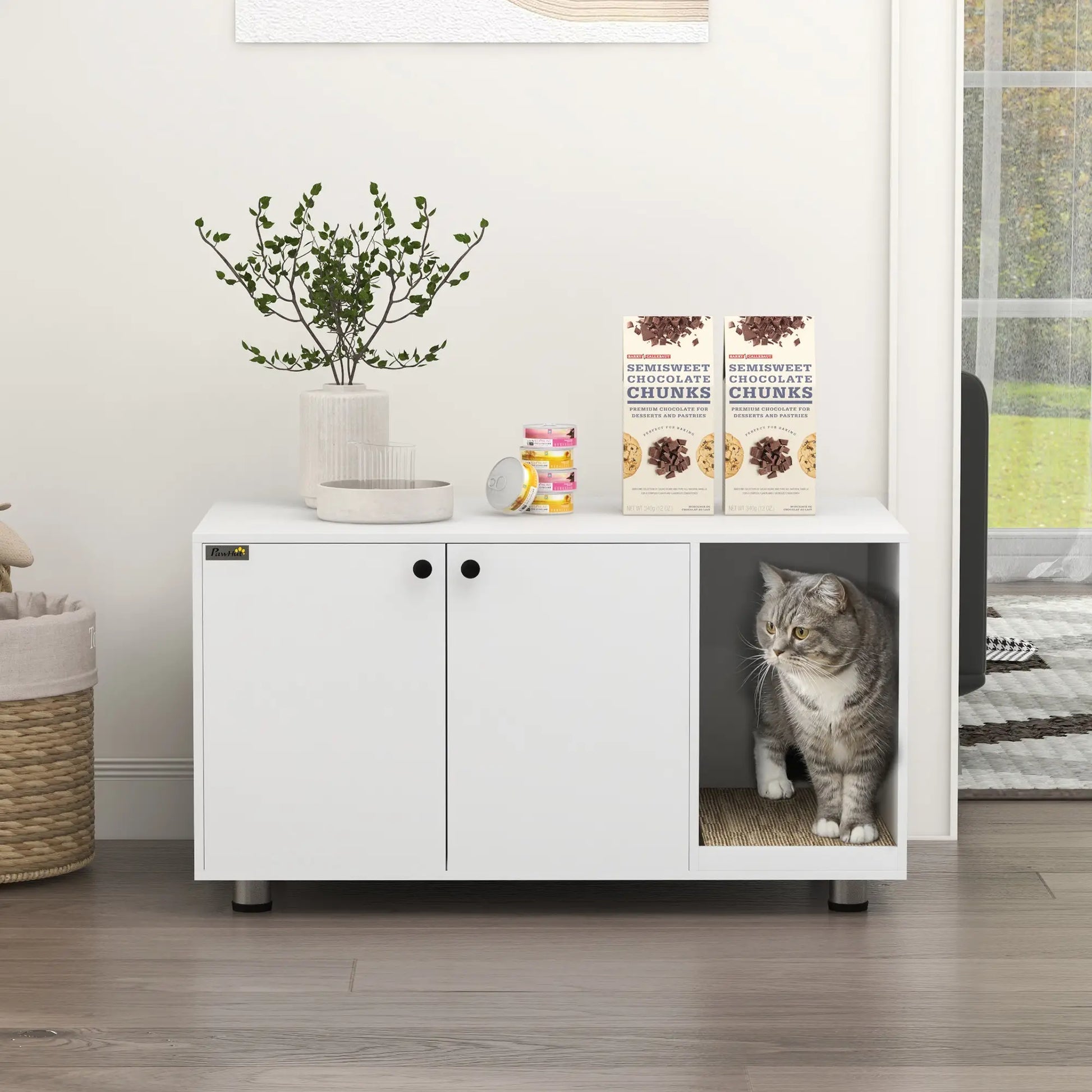 Hidden Cat Litter Box Furniture, Double Doors, Scratching Pad, White Cat Litter Box Enclosures at Gallery Canada