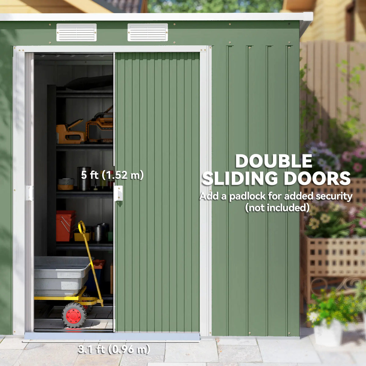 7' x 4' Galvanised Steel Garden Shed, Foundation Kit, Green Sheds at Gallery Canada
