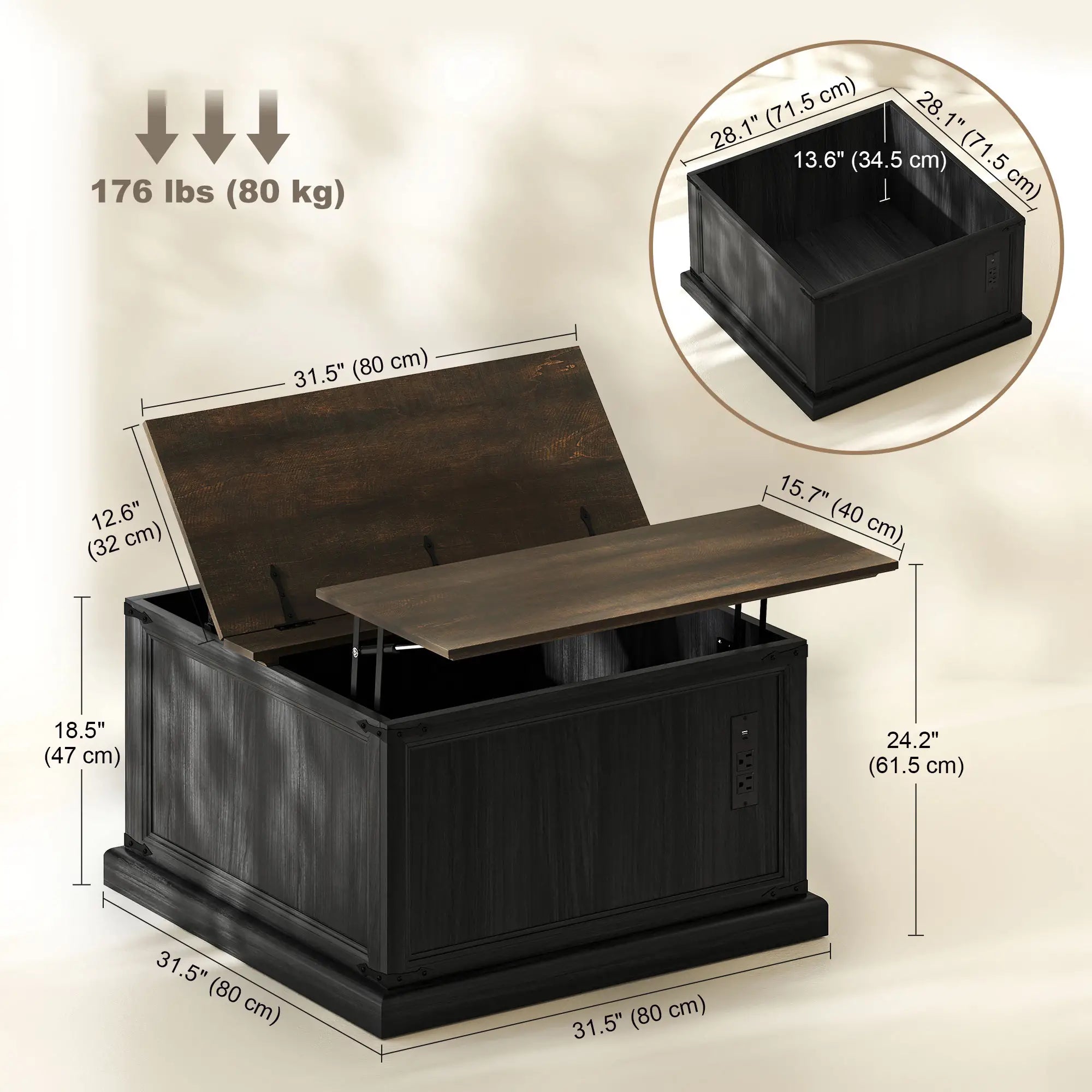Lift Top Coffee Table, Square Farmhouse Center Table, Wood Grain, Black Coffee Tables at Gallery Canada
