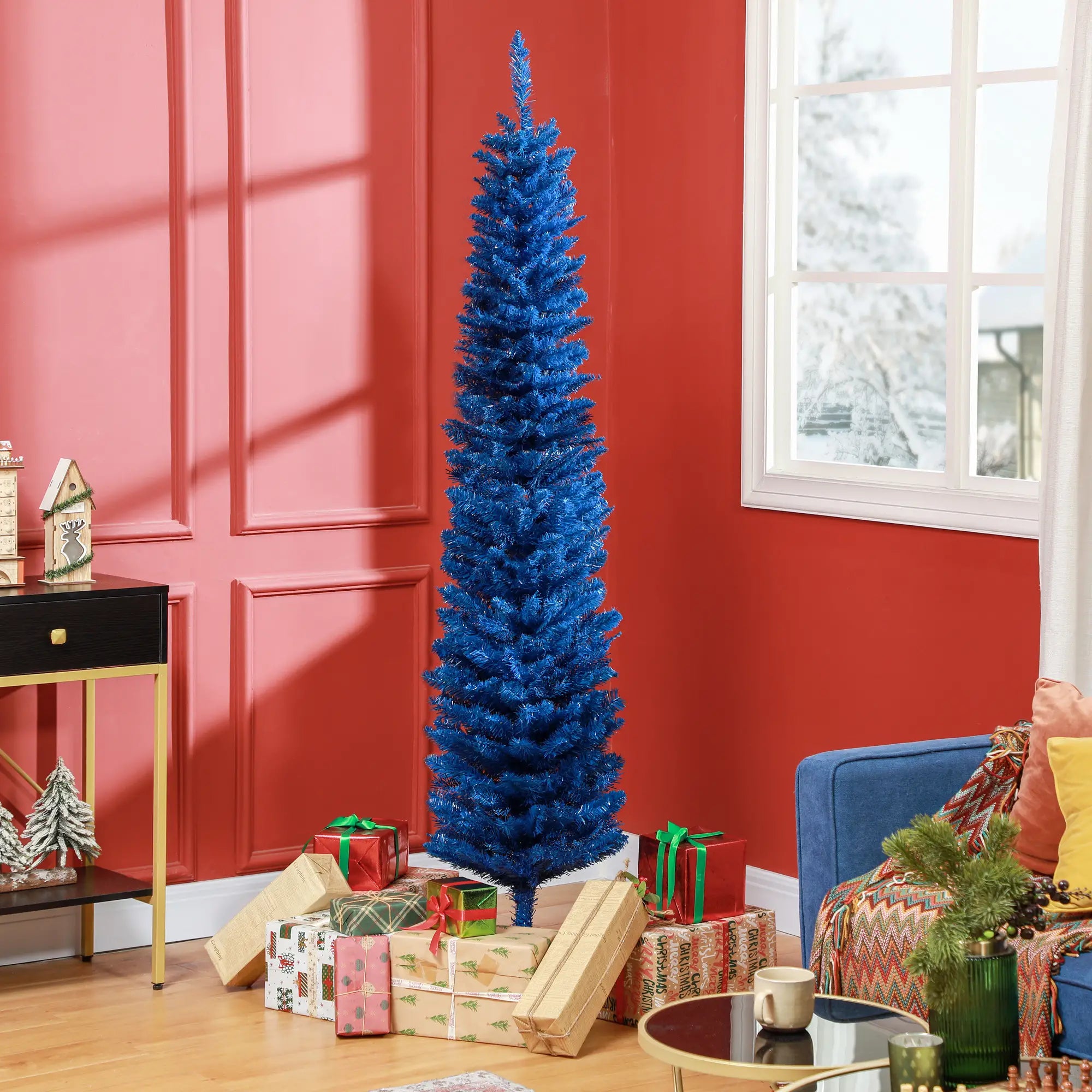 7' Slim Artificial Christmas Tree, Realistic Branches, Deep Blue Pencil Christmas Trees at Gallery Canada