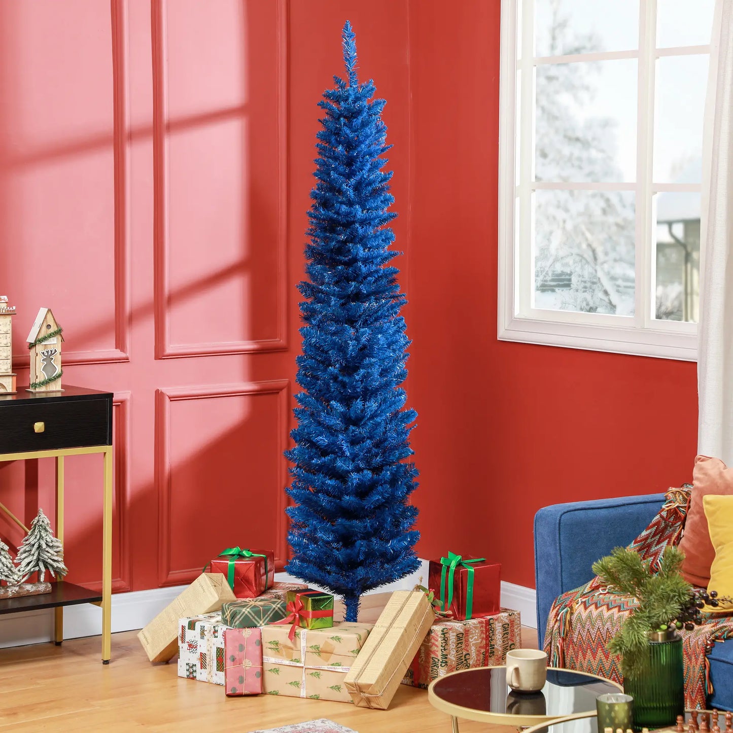7' Slim Artificial Christmas Tree, Realistic Branches, Deep Blue Pencil Christmas Trees at Gallery Canada