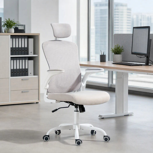 Mesh Office Chair, Adjustable Headrest, Lumbar Support, Flip-Up Armrests, Grey Task Chairs Grey, White at Gallery Canada