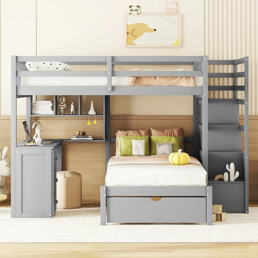 Over Twin Bunk Bed with Study Desk, Drawers, Shelves, 98" L x 80" W x 64.5" H, Grey Bed Frames Grey at Gallery Canada