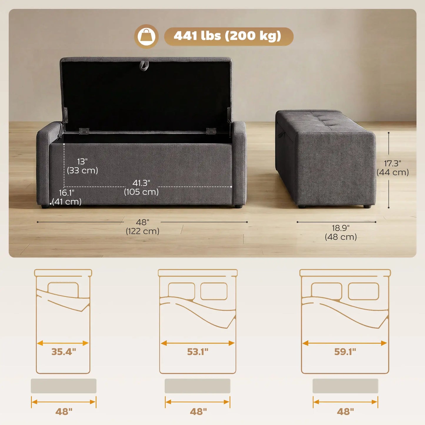 Storage Ottoman Bench, Linen Fabric, Wide Padded Seat, Dark Grey Storage Ottomans & Benches at Gallery Canada