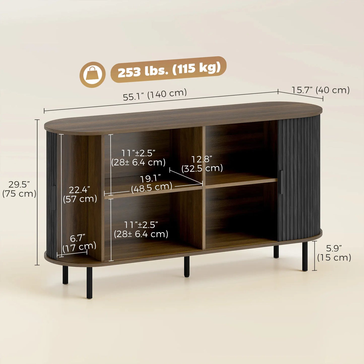 Fluted Sideboard Buffet Cabinet, 55", Black
