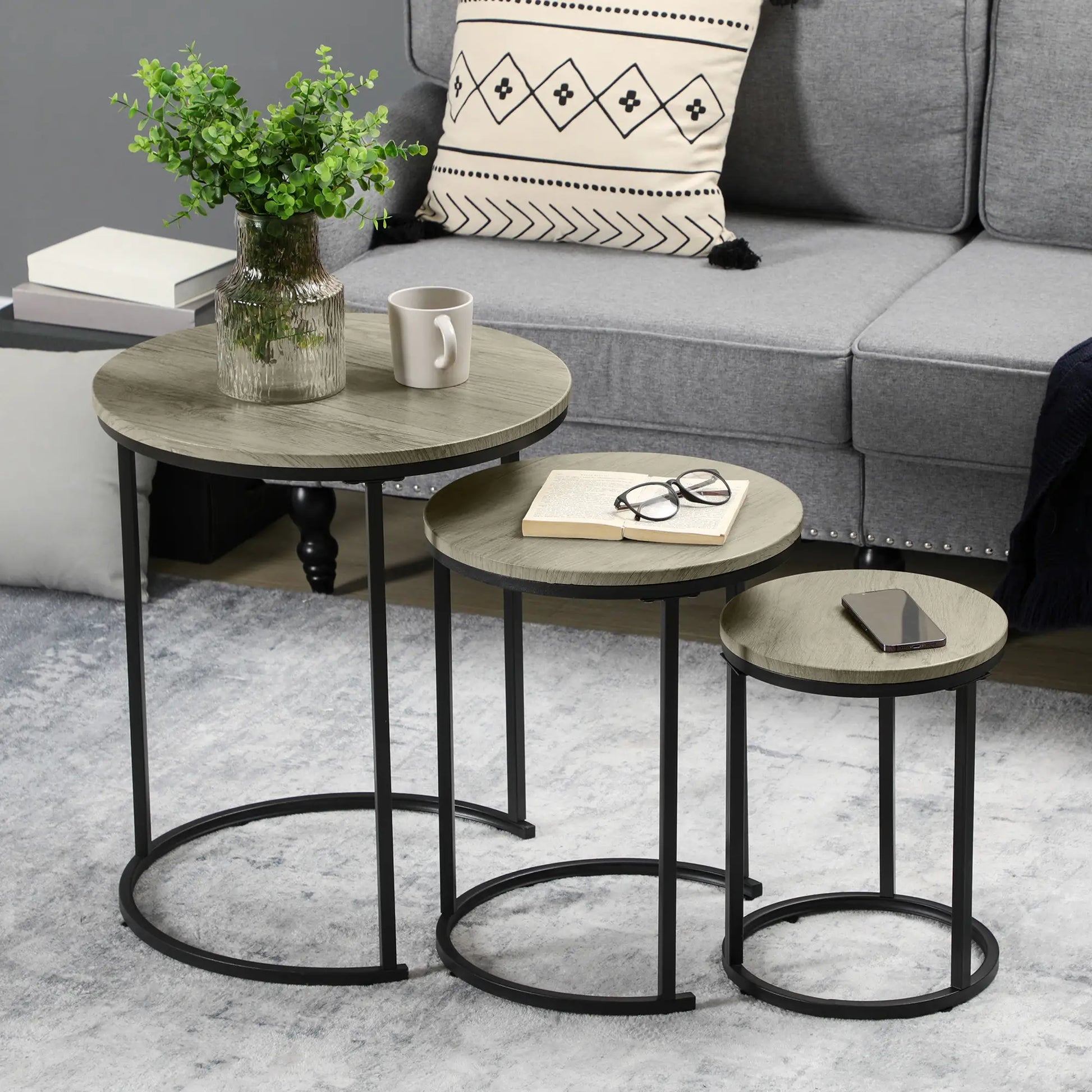 Round Nesting Tables Set of 3, Steel Frame, Living Room Side Tables at Gallery Canada