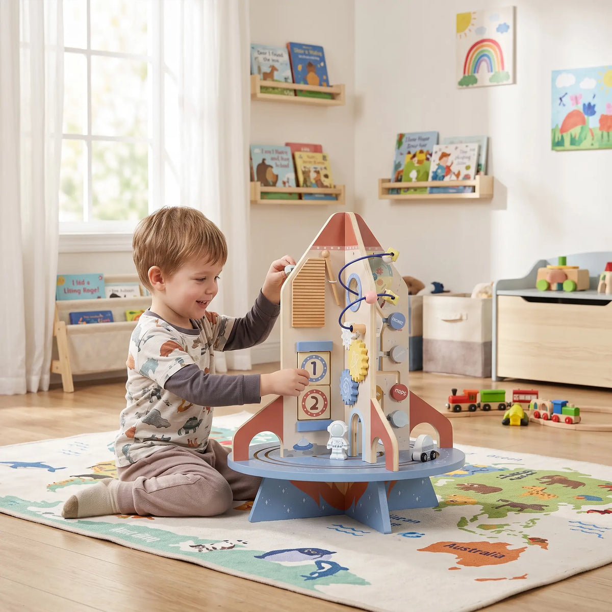 Cube d'activité en bois fusée, trieur de formes et labyrinthe de perles pour tout-petits 24M-6Y