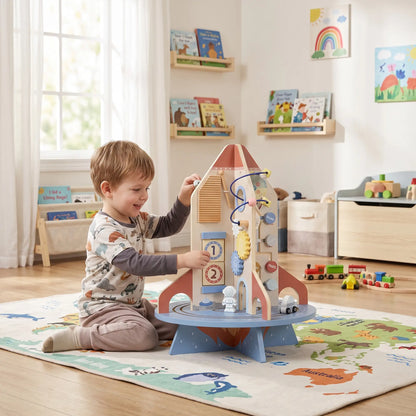 Cube d'activité en bois fusée, trieur de formes et labyrinthe de perles pour tout-petits 24M-6Y