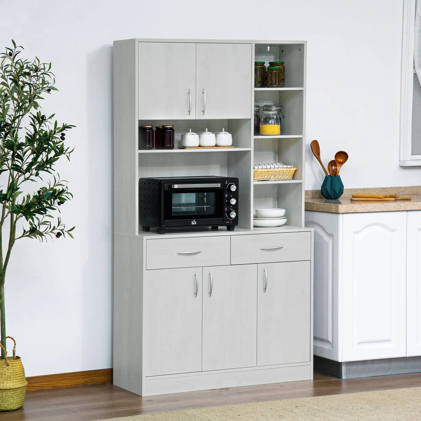 71" Kitchen Hutch with Storage Cabinet, Modern Buffet, Ash White Kitchen Pantry Cabinets at Gallery Canada
