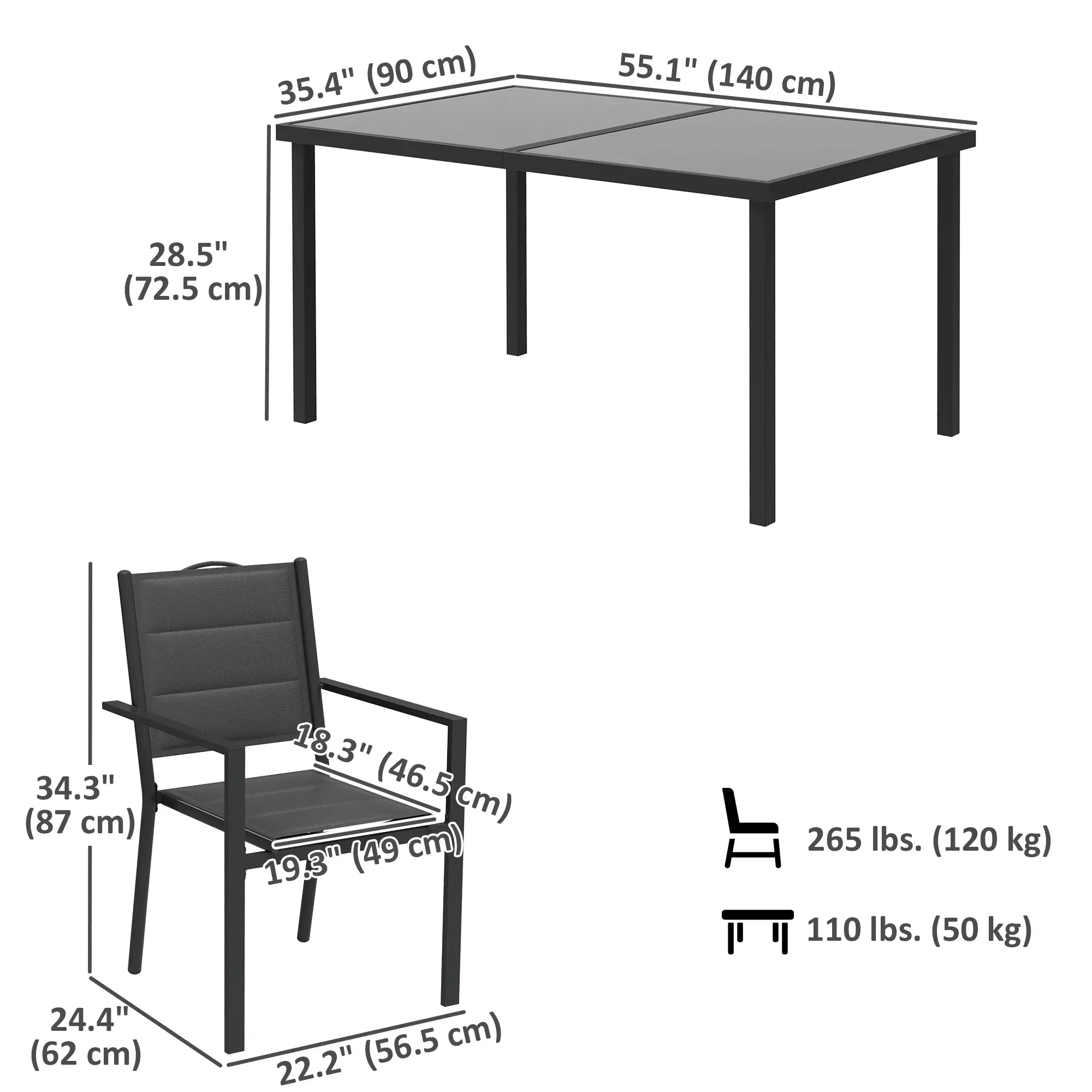 5 Piece Outdoor Dining Set, 4 Stackable Chairs, Rectangle Table, Tempered Glass Top, Steel Frame, Black Outdoor Dining Sets at Gallery Canada