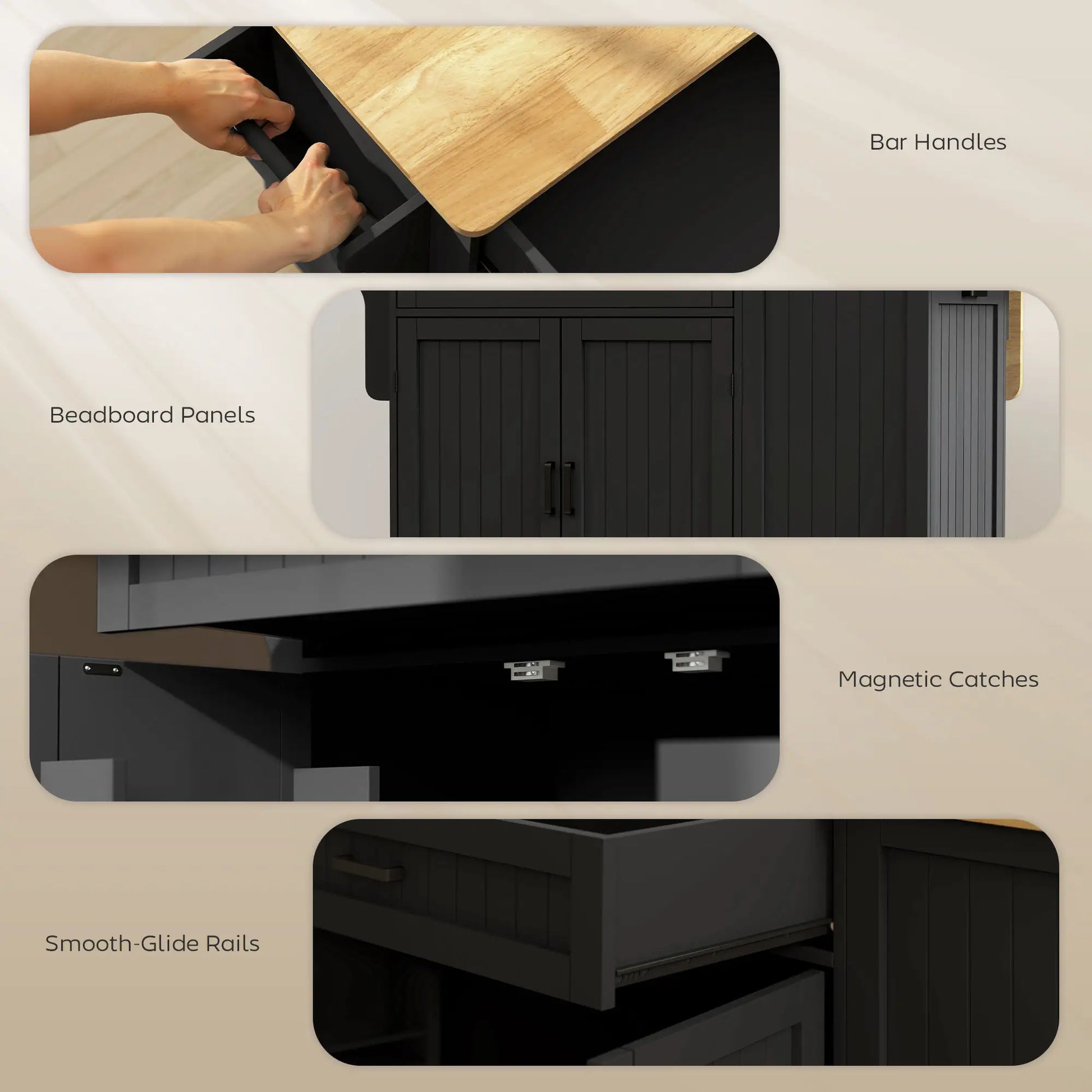 Kitchen Island Cart, Portable Table with Charging Station, Rubber Wood Drop Leaf, Trash Storage, Black Kitchen Islands & Kitchen Carts at Gallery Canada