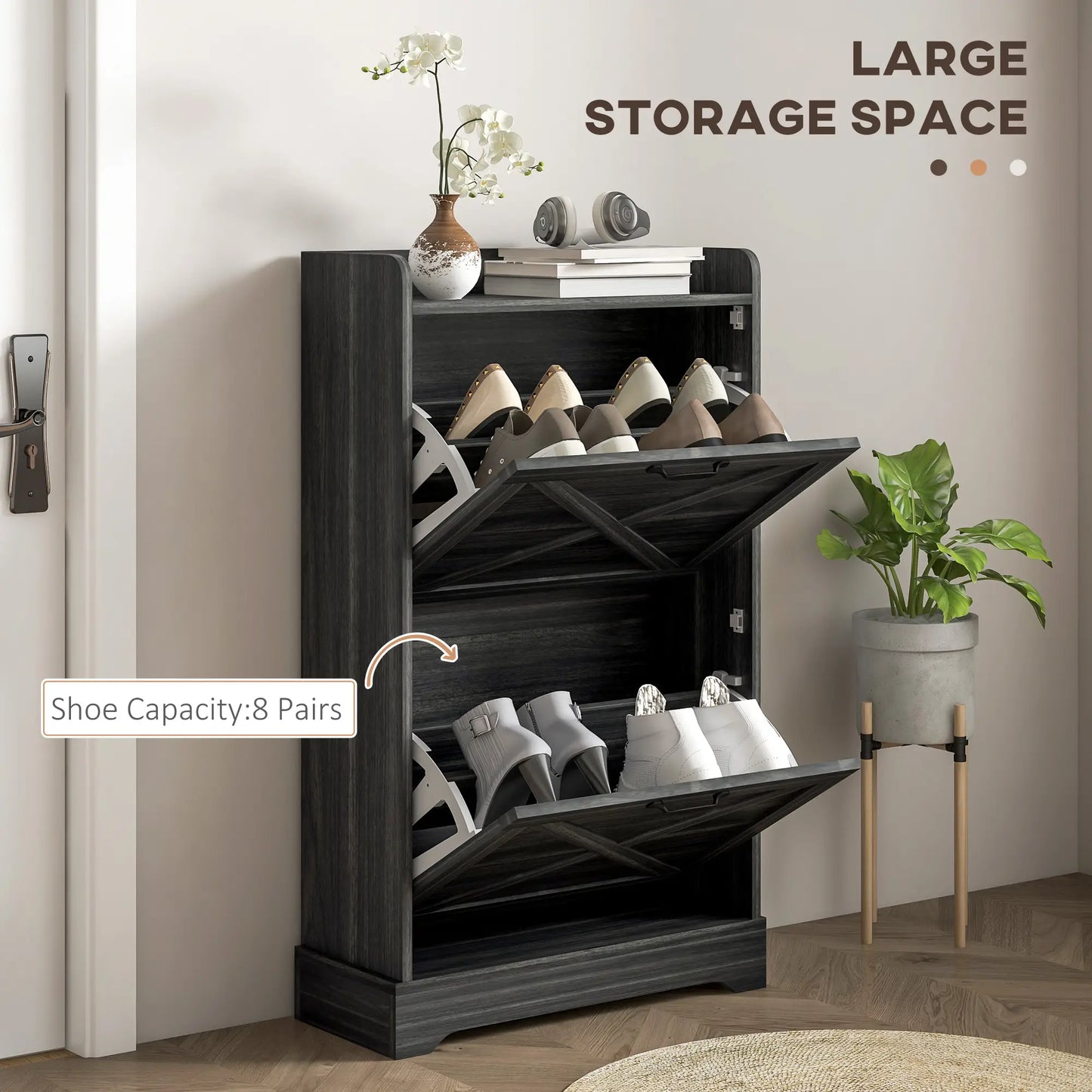 Slim Shoe Storage Cabinet, 2 Flip Drawers, Adjustable Shelves, Distressed, Grey Shoe Storage Cabinets & Racks at Gallery Canada