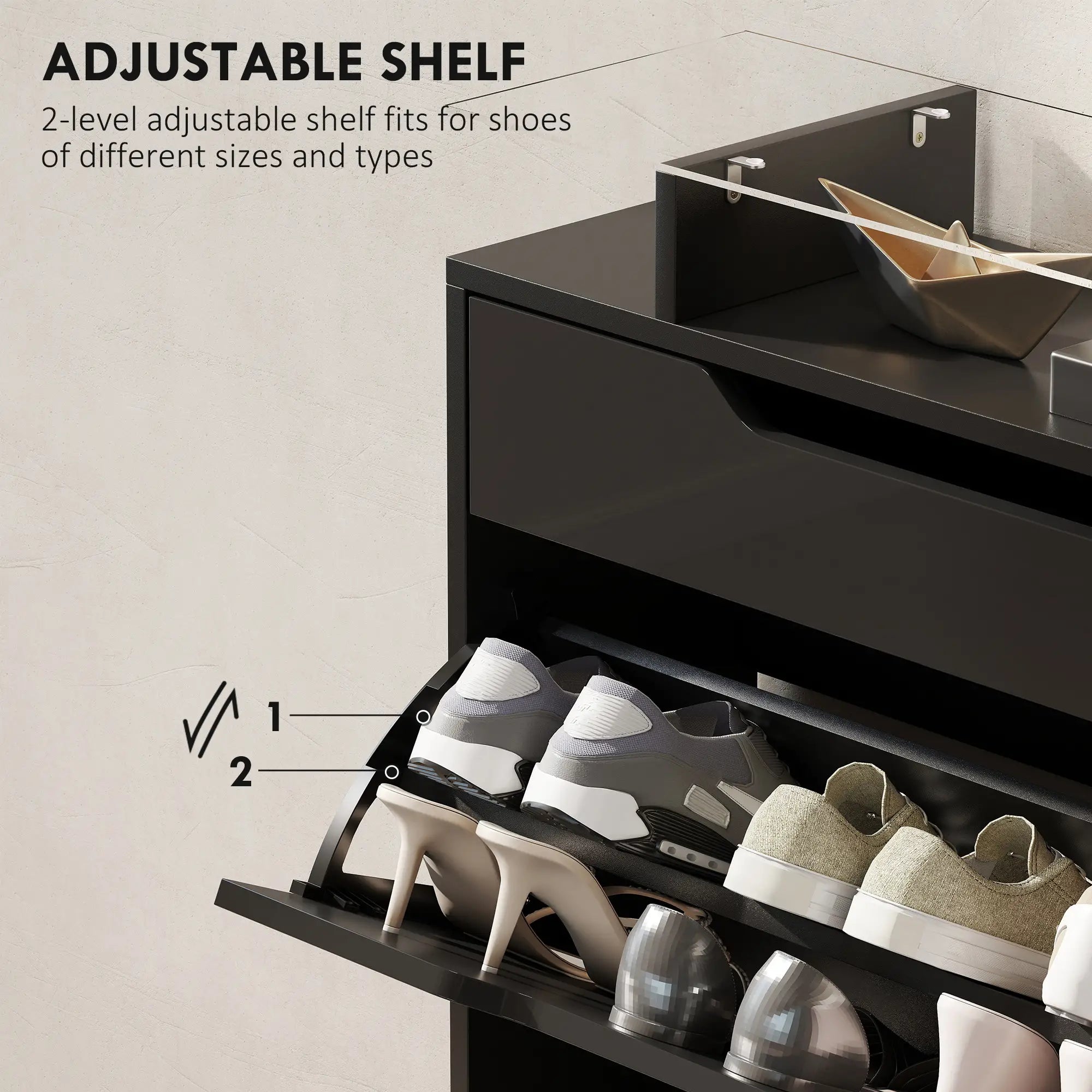 High Gloss Shoe Cabinet, 2 Flip Drawers, Adjustable Shelves, Black, Black Storage Cabinets at Gallery Canada