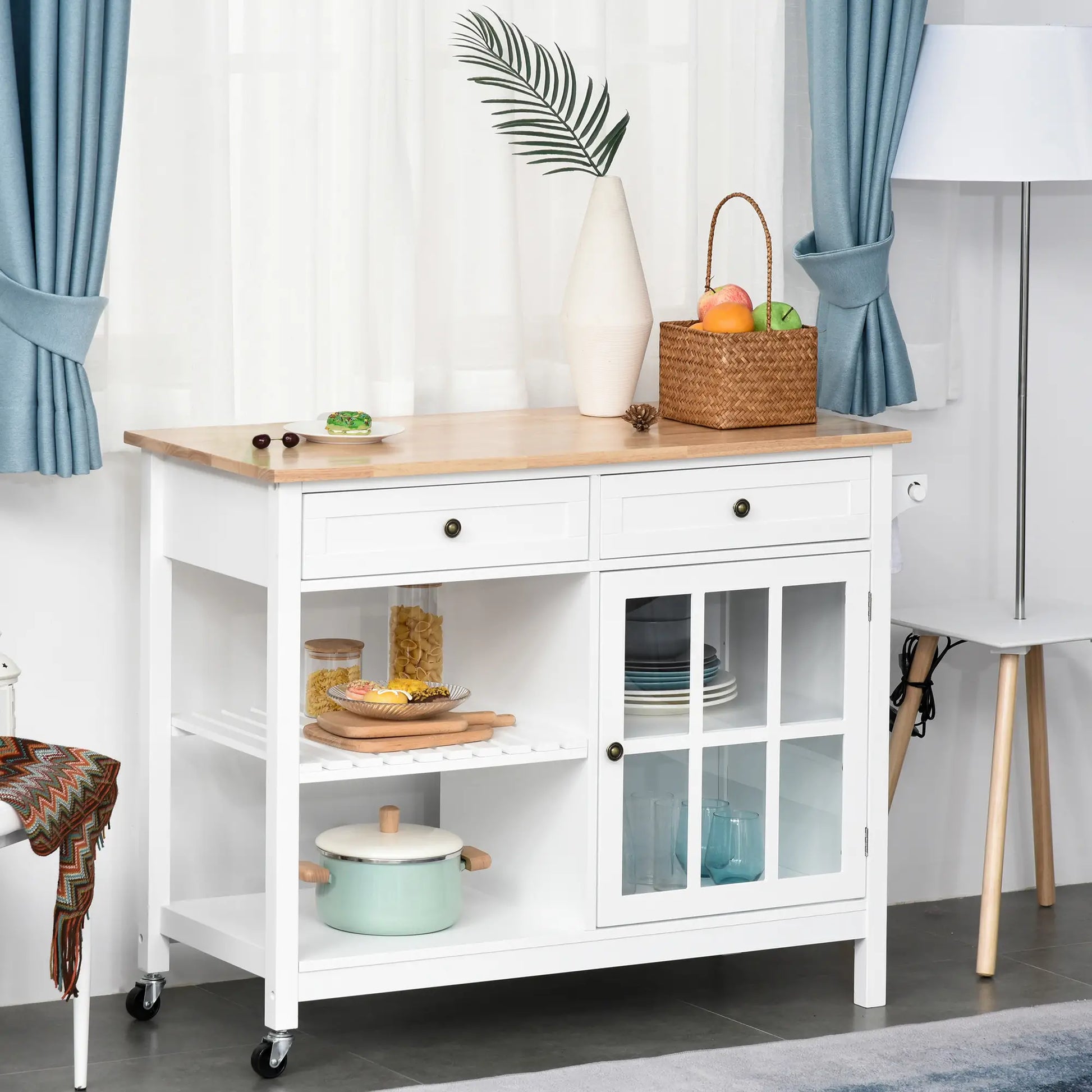 Kitchen Cart on Wheels, Utility Storage Island, Rubber Wood Top, White Kitchen Islands & Kitchen Carts at Gallery Canada