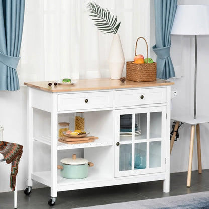 Kitchen Cart on Wheels, Utility Storage Island, Rubber Wood Top, White Kitchen Islands & Kitchen Carts at Gallery Canada