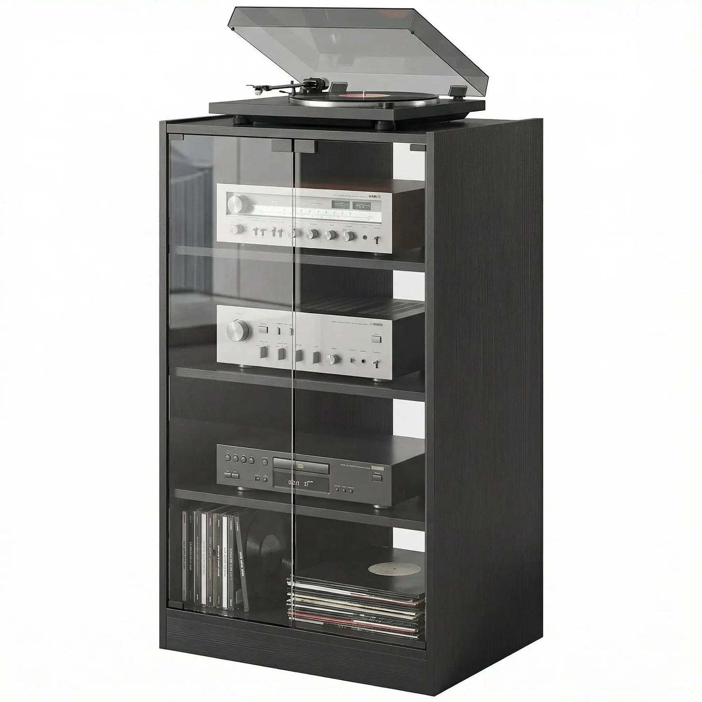 5-Tier AV Media Stand, Push Open Glass Doors, Adjustable Shelves, Distressed, Black Storage Cabinets at Gallery Canada