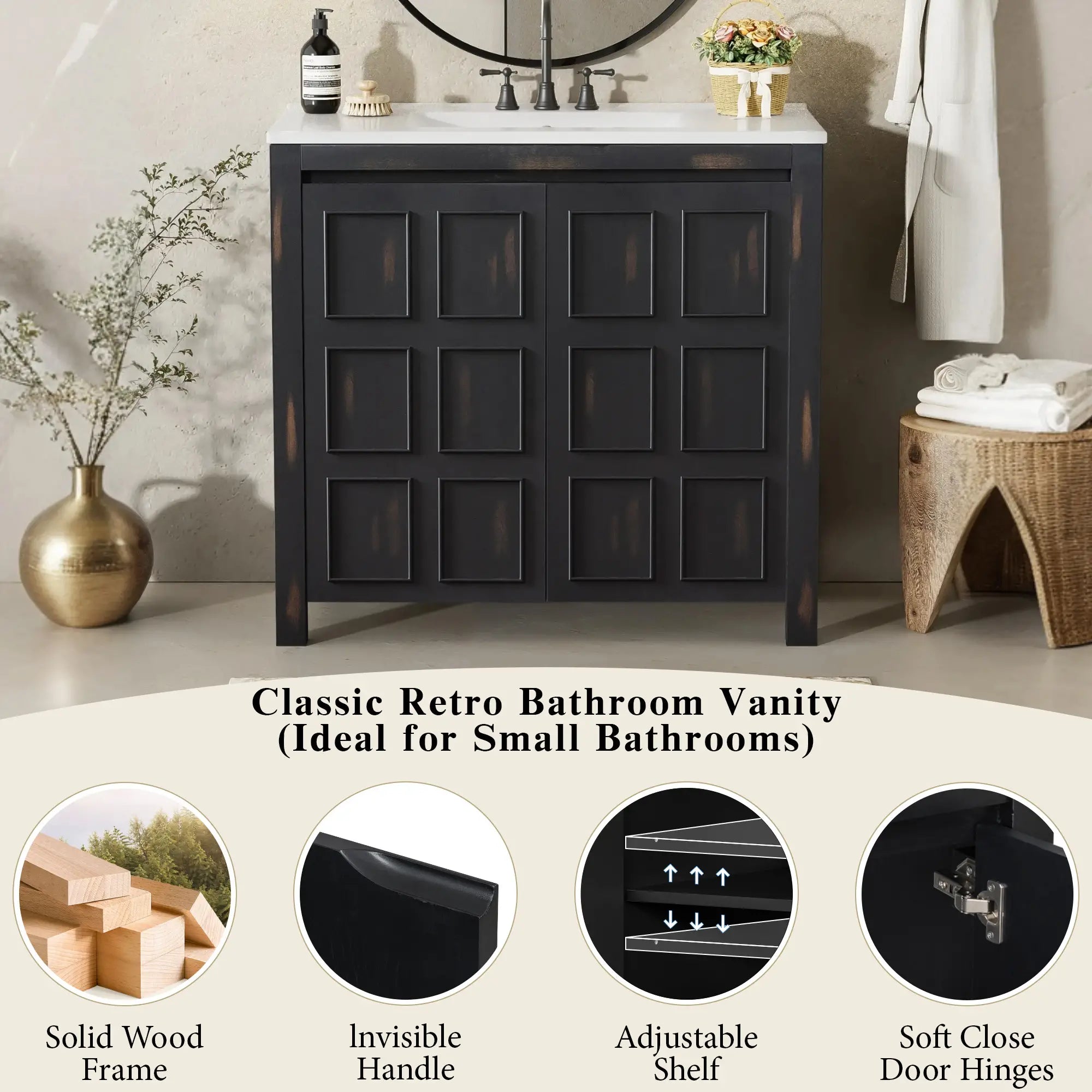 Solid Wood Bathroom Vanity, Ceramic Sink, Storage Cabinet, 36