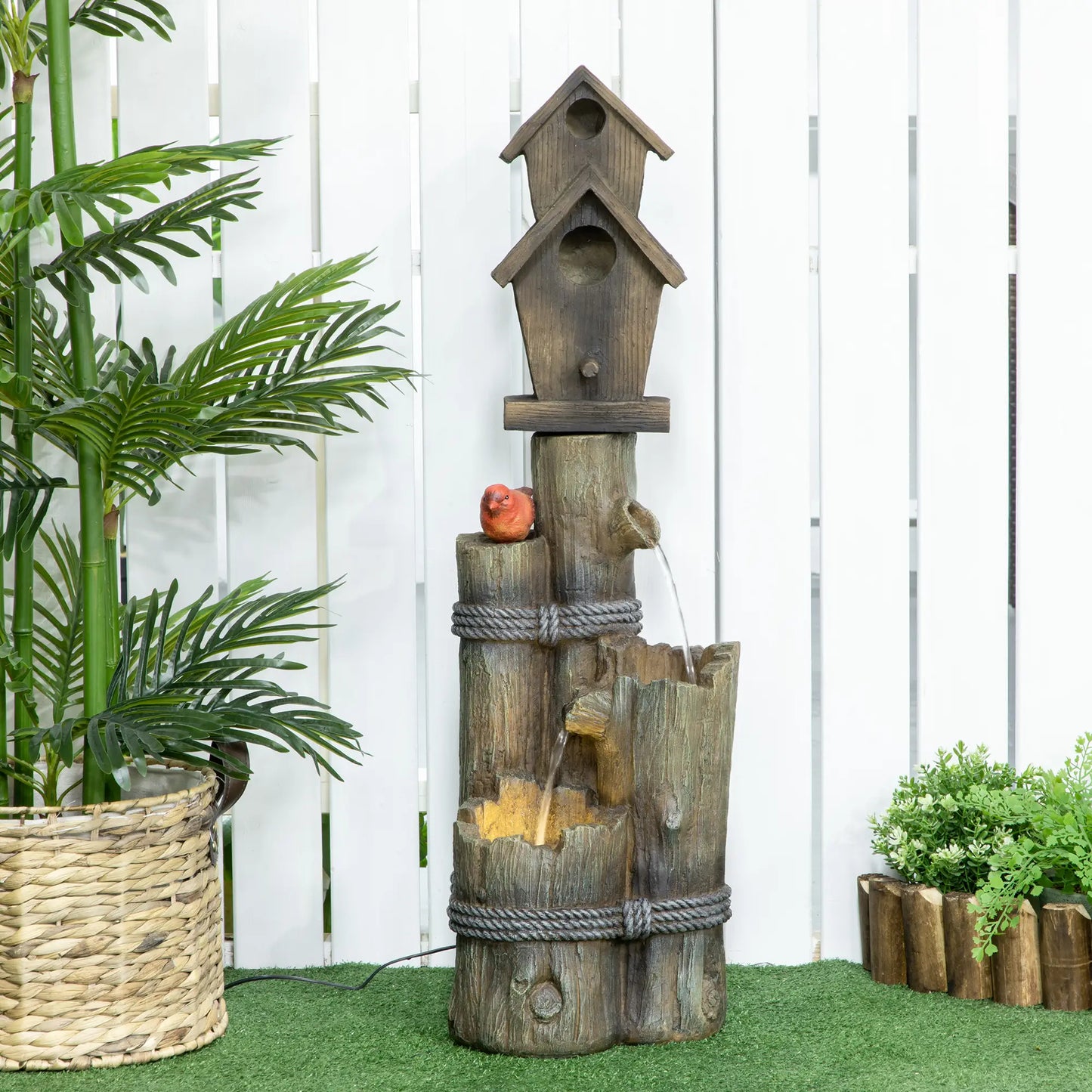 Outdoor Fountain, Garden Waterfall with Birdhouse, 3-Tier Tree Trunk, LED Lights, Brown Water Fountains at Gallery Canada