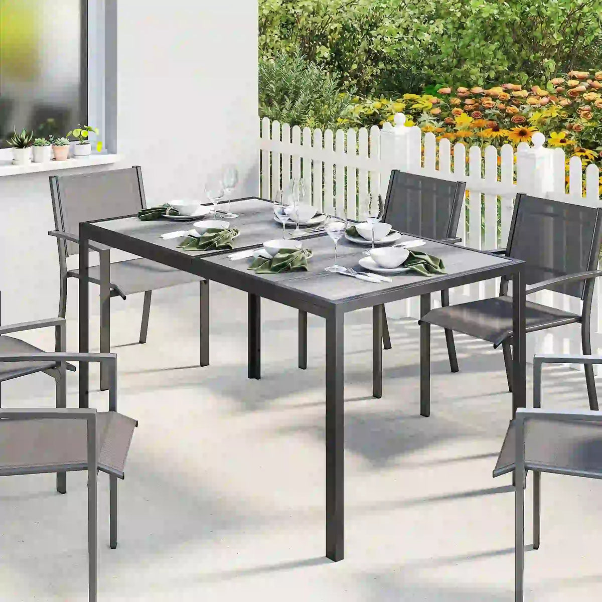 Outdoor Dining Table For 4-6, 59" Wood-Effect Top, Grey Patio Dining Tables at Gallery Canada