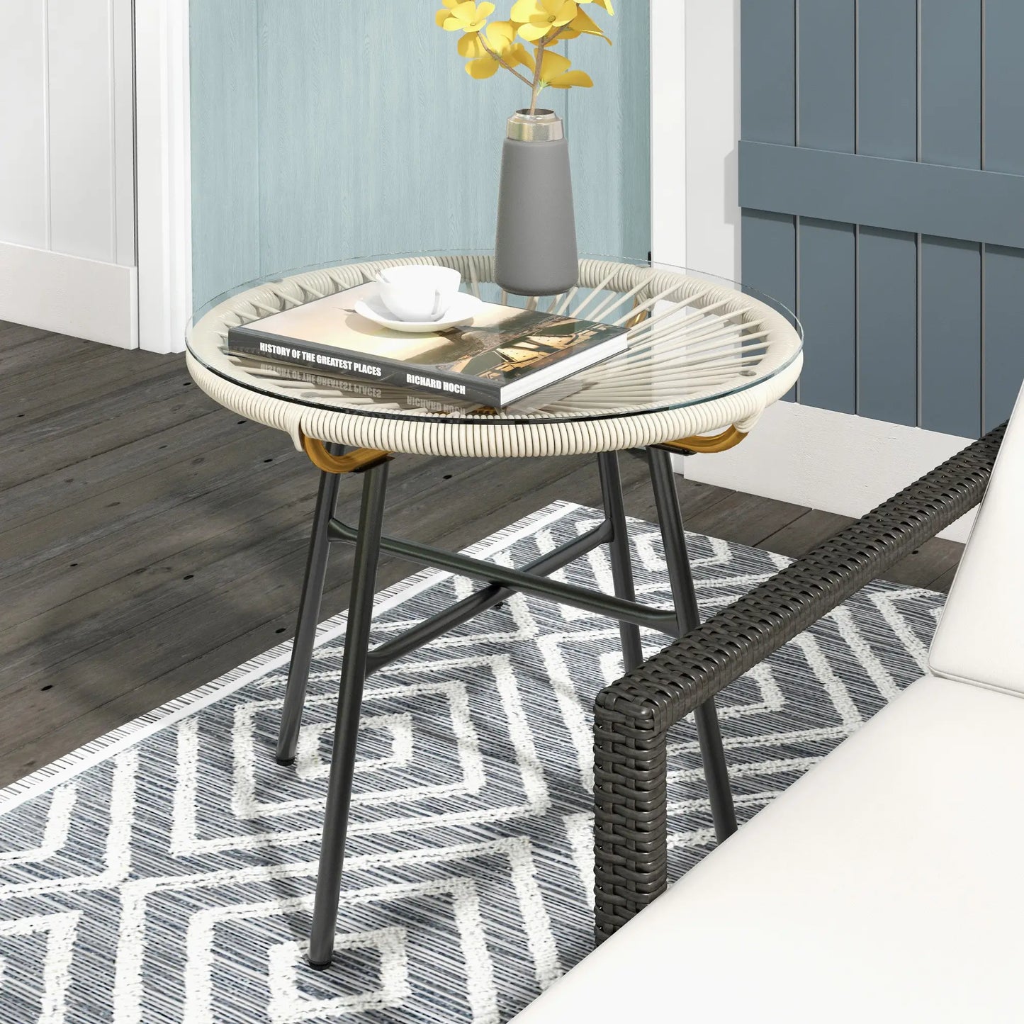 Round Rattan Side Table, With Tempered Glass Top, Cream White Patio Side Tables at Gallery Canada