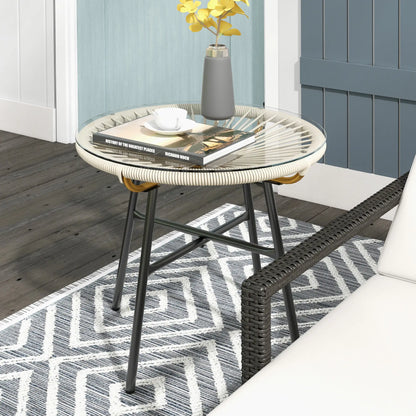 Round Rattan Side Table, With Tempered Glass Top, Cream White Patio Side Tables at Gallery Canada