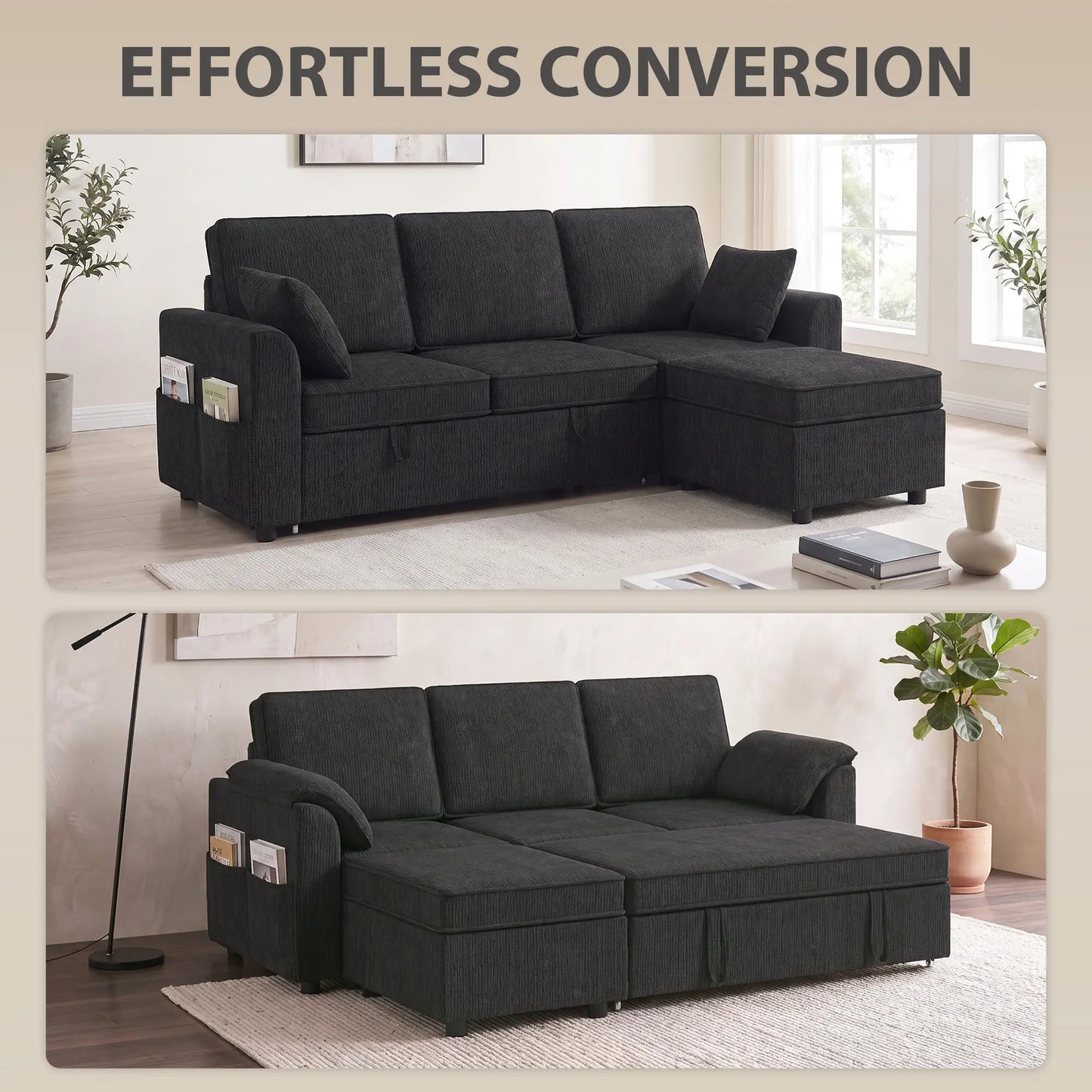Reversible Sectional Sofa Bed With Storage Ottoman, Black
