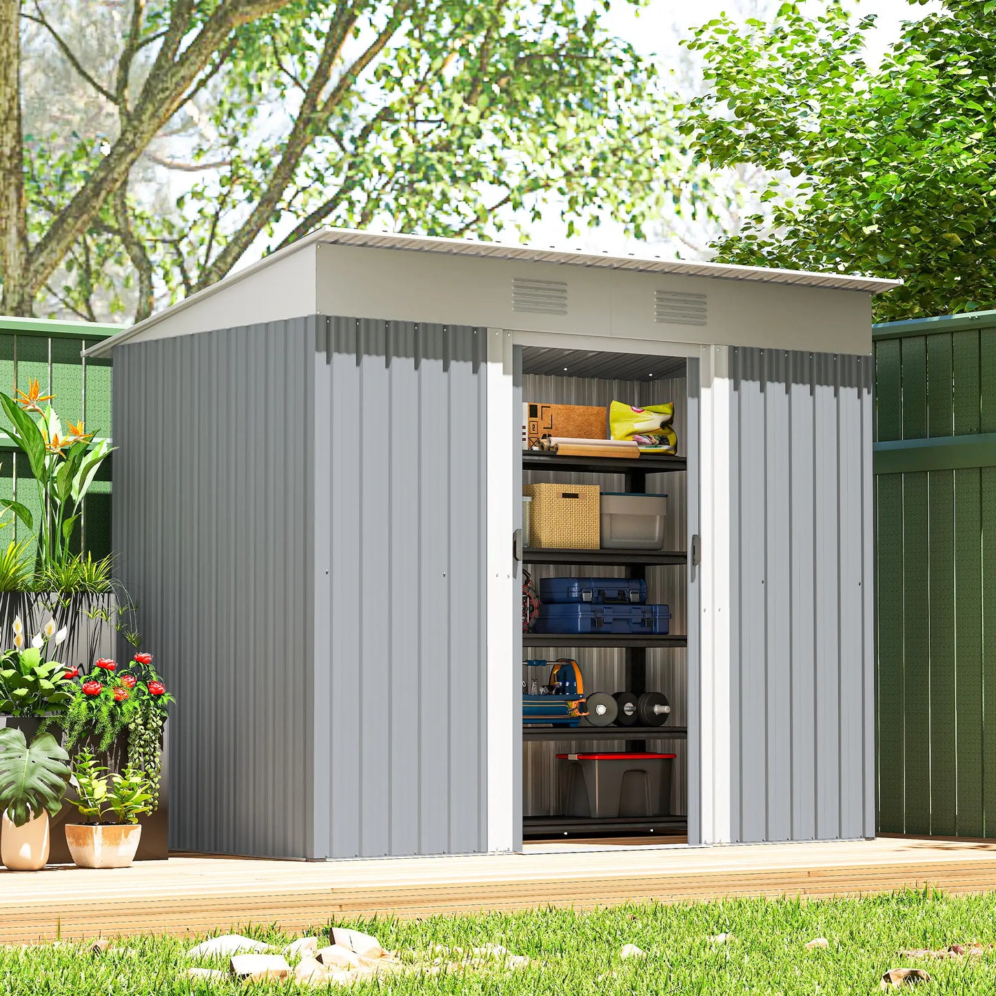 7' x 4' Metal Garden Shed, Lockable Sliding Doors, Vents, Grey