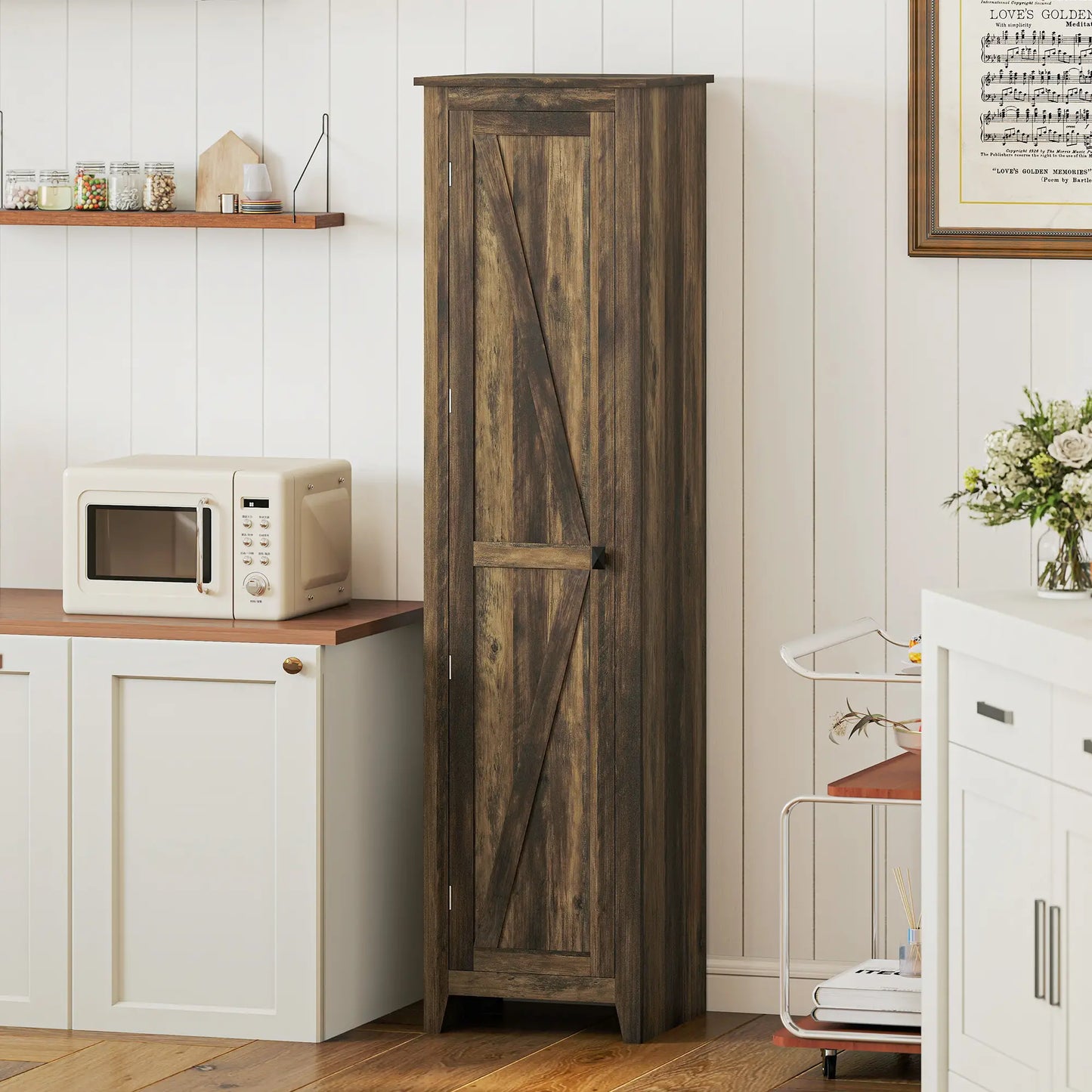 67" Farmhouse Kitchen Pantry Cabinet, Adjustable Shelves, Brown Kitchen Pantry Cabinets at Gallery Canada