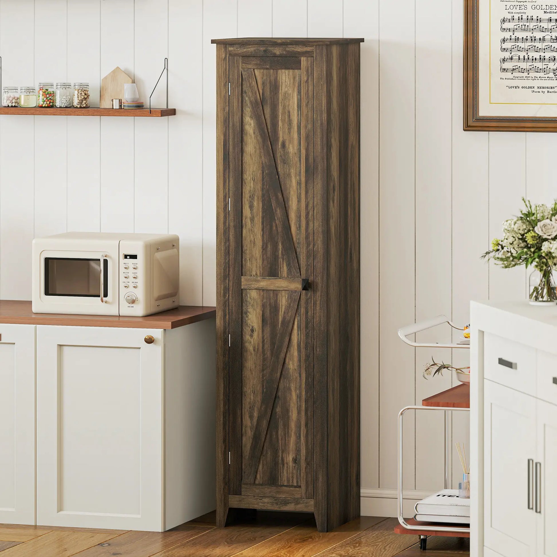 67" Farmhouse Kitchen Pantry Cabinet, Adjustable Shelves, Brown Kitchen Pantry Cabinets at Gallery Canada
