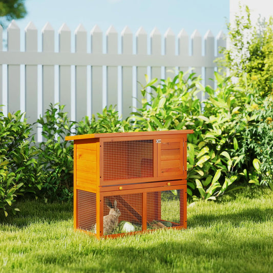 Wooden Rabbit Hutch, Small Animal Cage, 2-Level with Run Rabbit Hutch Vintage Yellow, Green at Gallery Canada