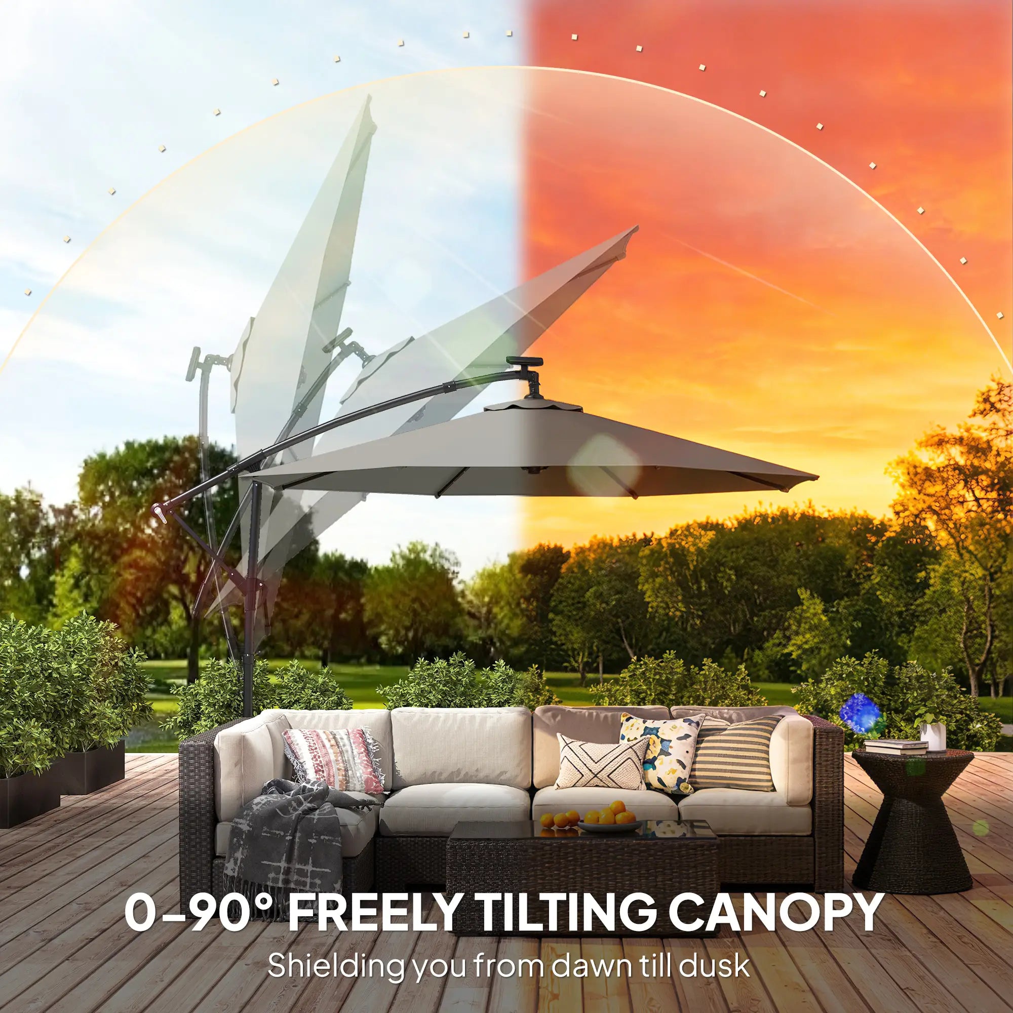 9.7 ft Cantilever Patio Umbrella, Solar Light, Tilt Crank, Grey Offset Cantilever Umbrellas at Gallery Canada