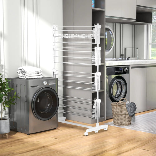 Stainless Steel Folding Clothes Drying Rack, Side Wings, Castors, Indoor Outdoor, White