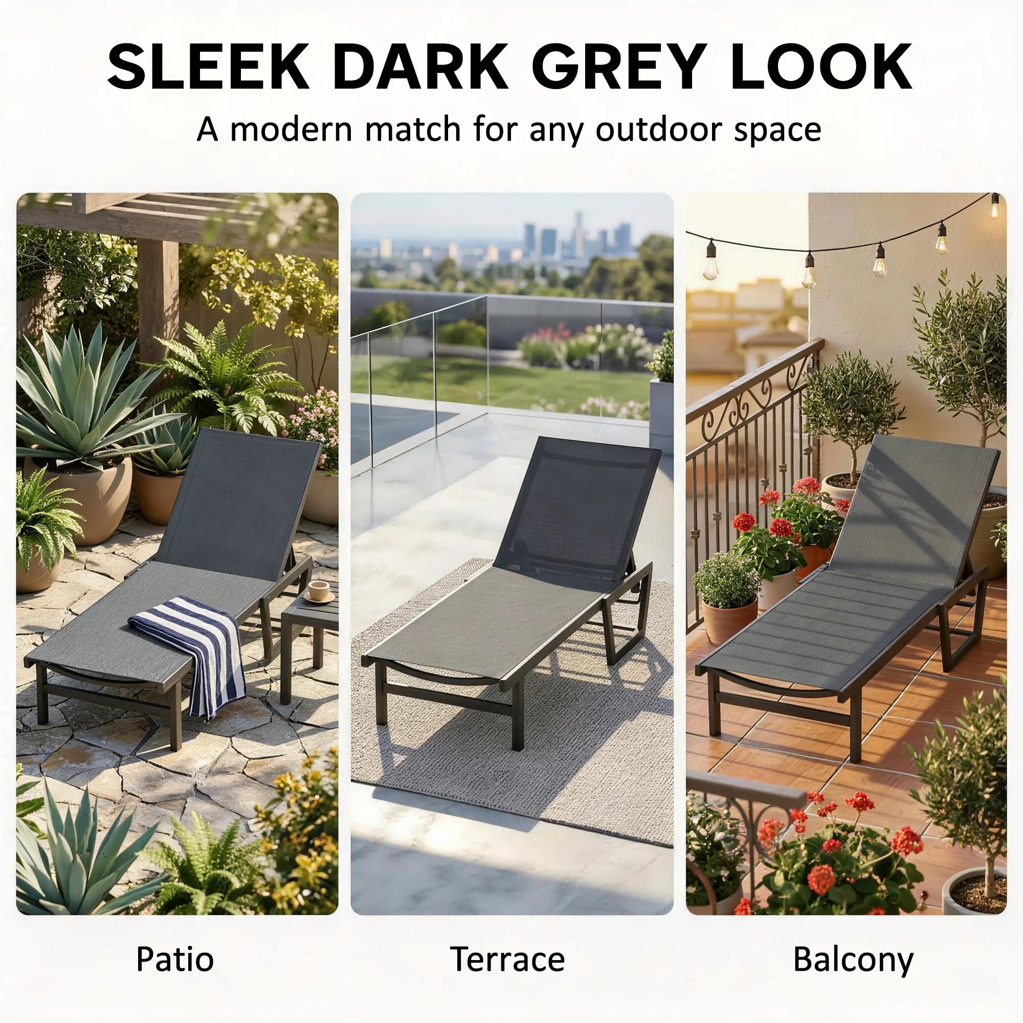 63 cm Wide Outdoor Lounge Chair, 4-Position Tanning Lounger, Dark Grey Lounger Chairs at Gallery Canada