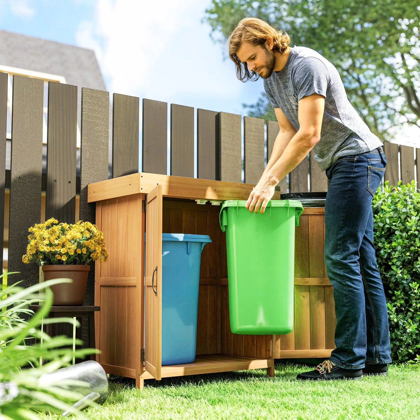 Wooden Garden Tool Shed, Hinged Roof, 2-Tier Shelves, Double Doors, 74x43x88cm, Natural Wood Sheds at Gallery Canada