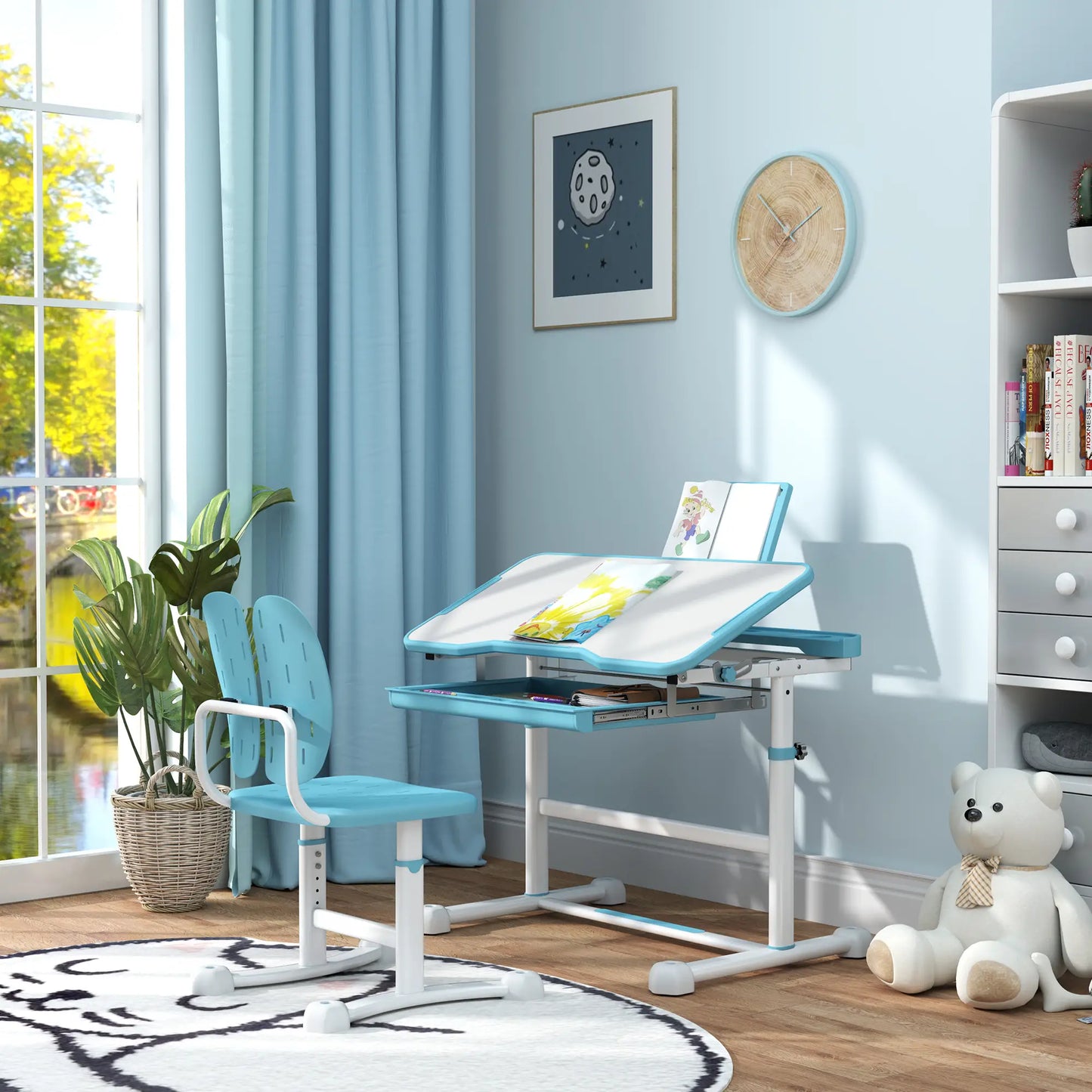 Adjustable Kids Desk and Chair Set, Tilt Desktop, Large Board, Drawer, Blue Kids Desk Sets at Gallery Canada
